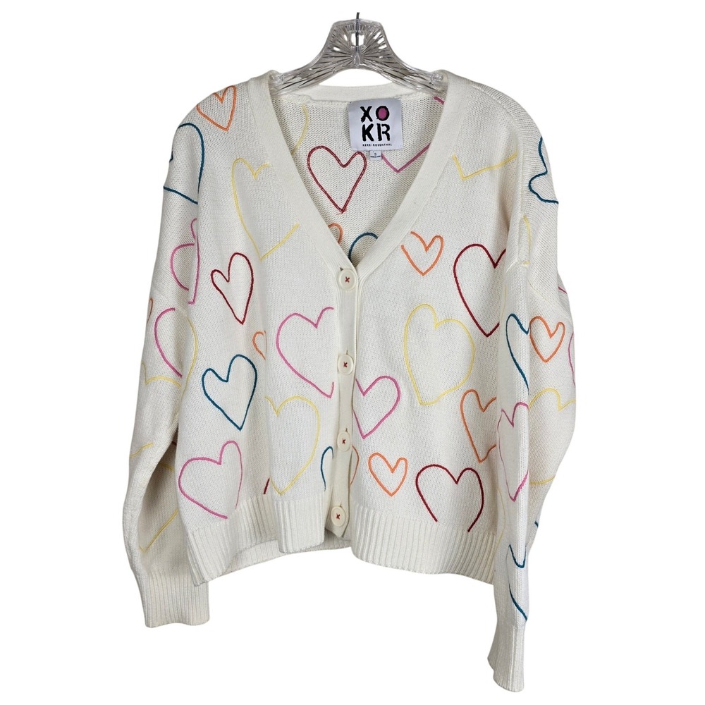 Kerri Rosenthal XOKR Heart Cardigan Sweater Cream Multi Color Embroidered EUC